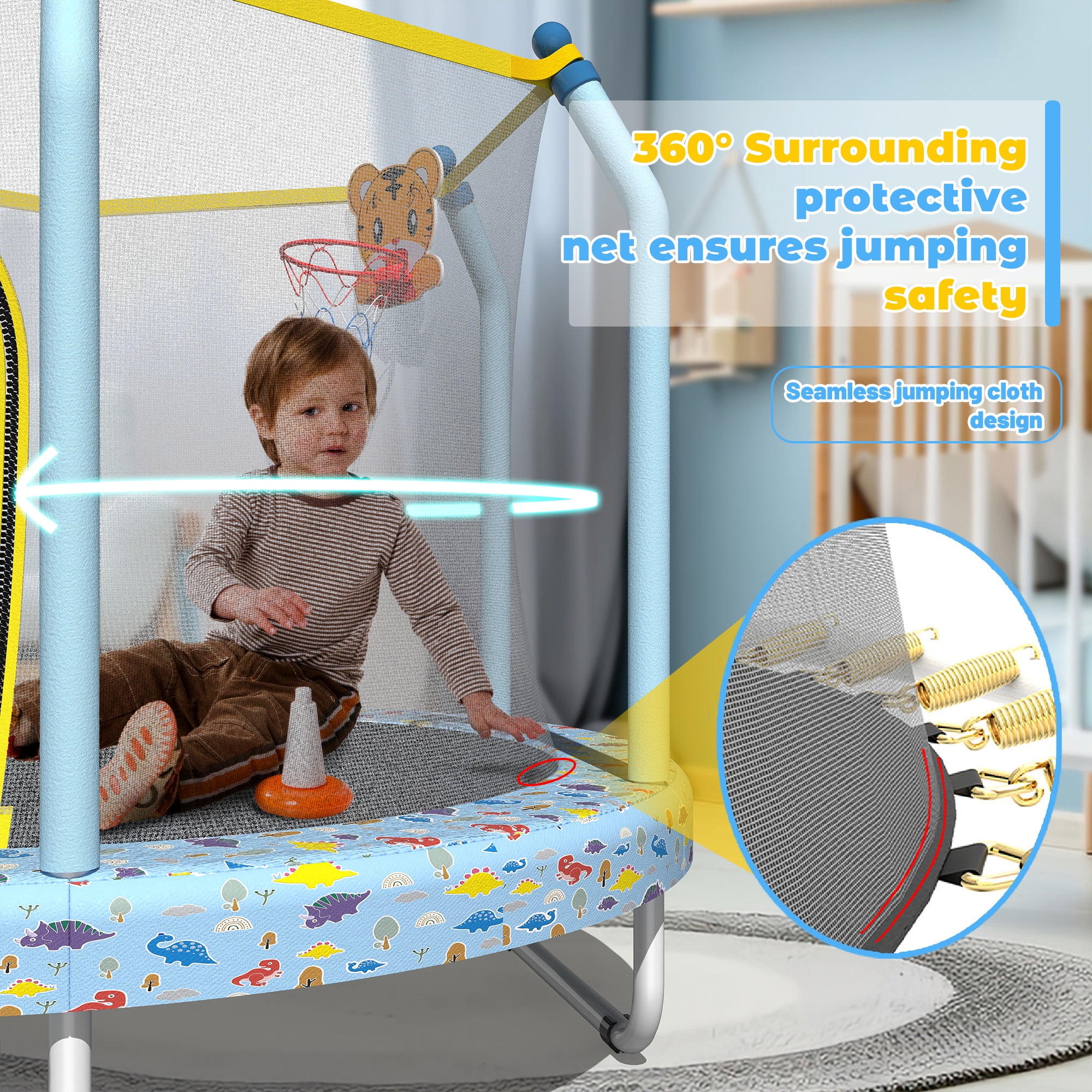 55" Trampoline with Enclosure for Kids, SEGMART Indoor Outdoor Toddler Trampoline with Basketball, Indoor Outdoor Kids Trampoline with Basketball Hoop, Small Round Trampoline for Boys Girls