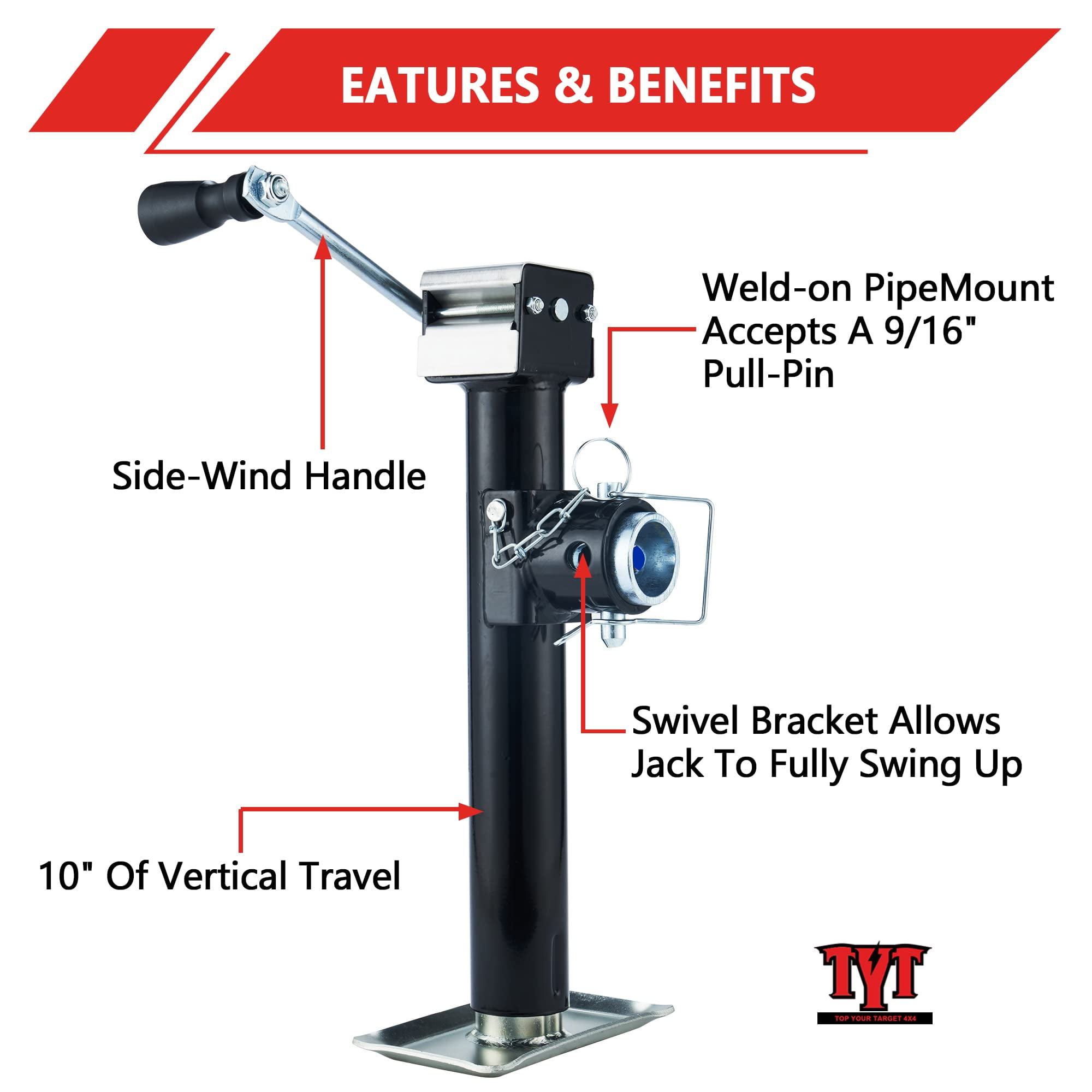TYT 5000 lbs Weld On Pipe Mount Swivel Trailer Jack, 10" Vertical Travel Trailer Tongue Jack for Boat Trailer, Pop-up Camper, Small Travel Trailer