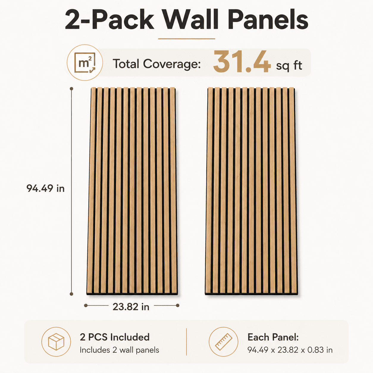 2-Pack Wood Slat Acoustic Wall Panels, 24" x 94.3" MDF Slat Wall Paneling for Modern Interior Wall Decor, Sound Absorbing Accent Panels, 31.4 Sq. Ft,Red Oak