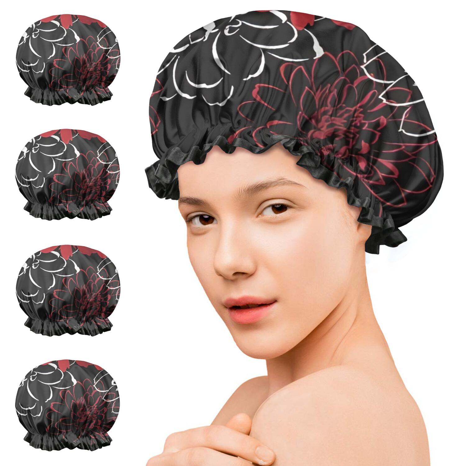 Shower Caps,Red and Black Pioneer Flower Pattern Waterproof Shower Cap for Women 4 Pieces,Double Reusable Hair Cover for Shower PEVA Elastic Stretch Hem