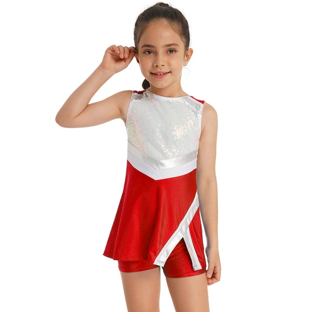 Jhaoyu Costume de Cheerleading pour Filles Enfants Paillettes Brillantes Robe de Danse avec Short Uniforme de Cheer Rouge 8