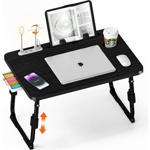 Laptop Desk for Bed Height Adjustable, Lap Bed Table with USB/Storage Drawer/Cup Holder/Tablet Stand/Book Shelf, Foldable Breakfast Tray Portable for Reading Writing, Sofa & Floor, Black
