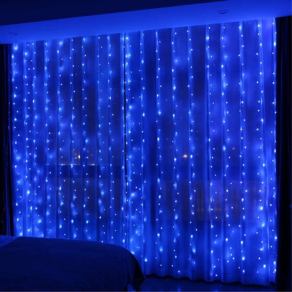 300LED Blue Fairy Curtain Lights with Remote Control, 8 Lighting Modes, Timer, USB Powered, 9.8x9.8ft Indoor Outdoor Hanging String Lights for Bedroom, Wedding, Party, Garden Decor