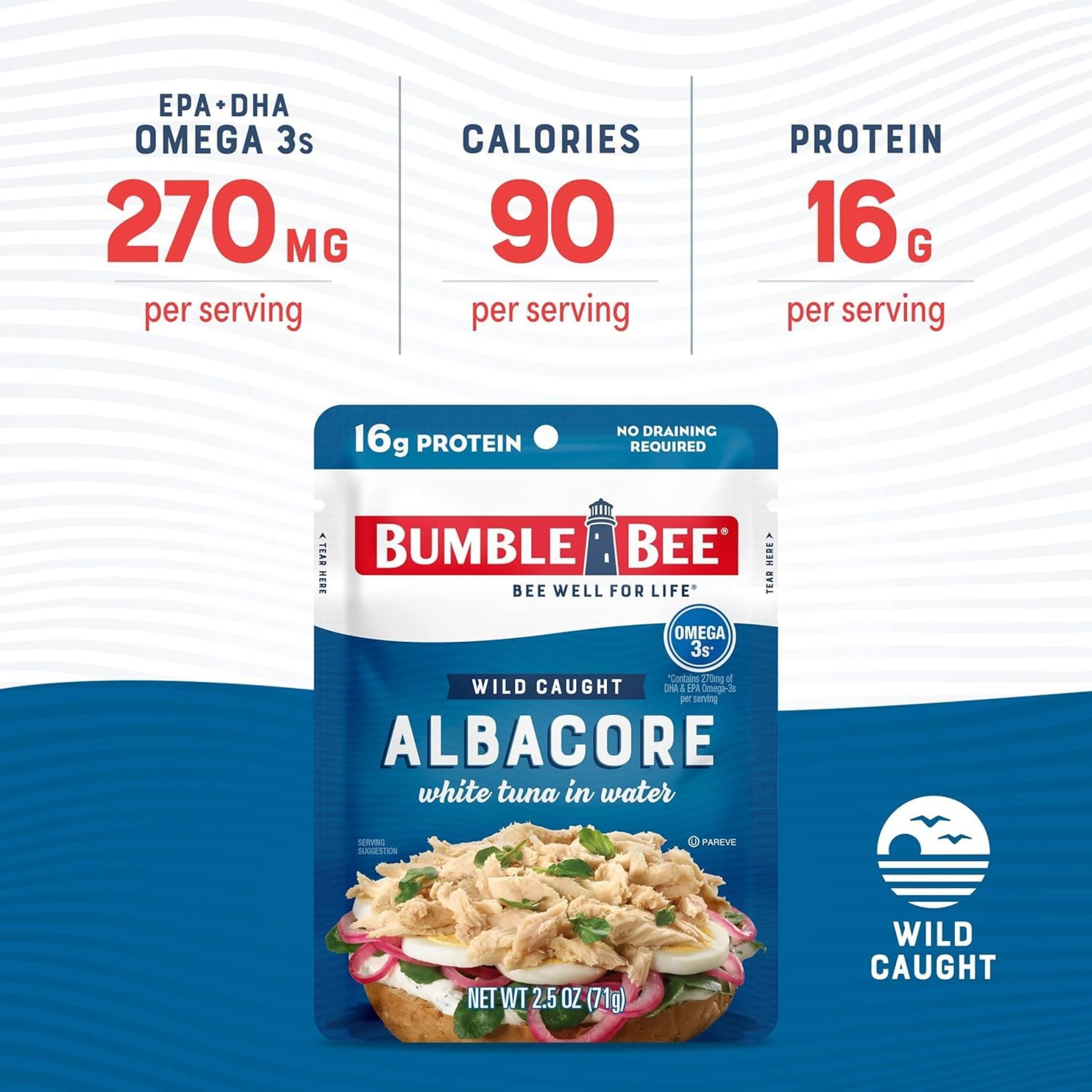 (2 pack) Bumble Bee Chunk White Albacore Tuna in Water, Wild Caught, Gluten Free, 16g Protein per Serving, Ready to Eat, Shelf Stable Pouch, 2.5 oz