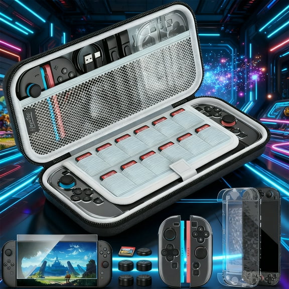 HEYSTOP Switch 2 Accessories Kit 2025 Upgraded ,Carrying Case for Nintendo Switch 2, Protective Switch 2 Cover with HD Screen Protector, Portable Travel Case with 12 Game Slots & 6 Thumb Grips, Black