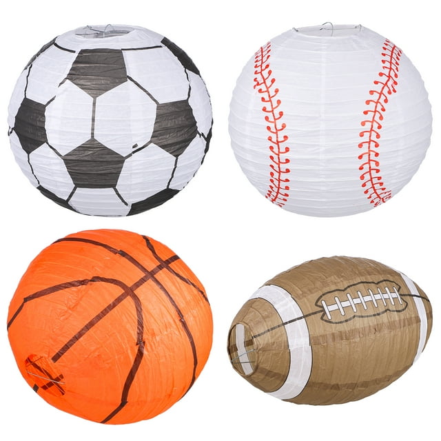 4 farolillos de papel con temática deportiva: béisbol, baloncesto, fútbol y rugby. Decoración para fiestas.