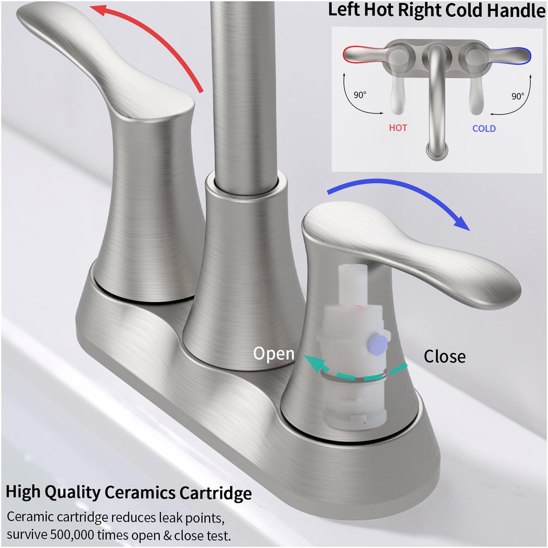 JERFIT 4 inch Centerset Bathroom Faucet with Drain, Brushed Nickel 2-Handle Vanity Sink Faucet, Low Flow, Easy Install