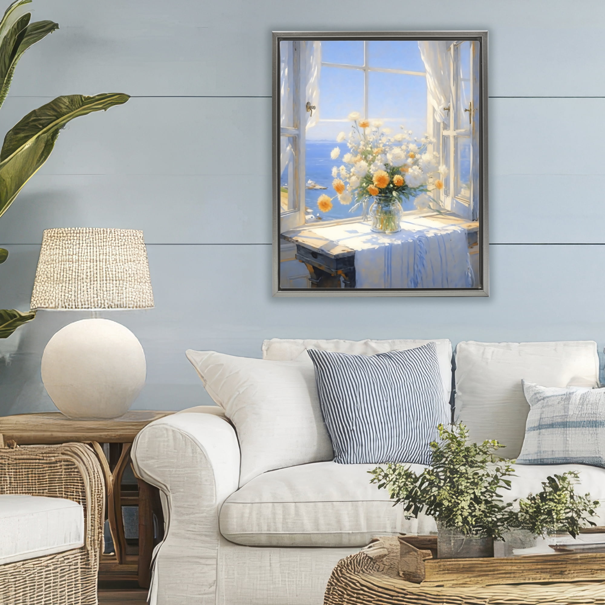 Stupell Industries Floral Window View of Sea Gray Framed Floater Canvas Wall Art, design by Creative Studio