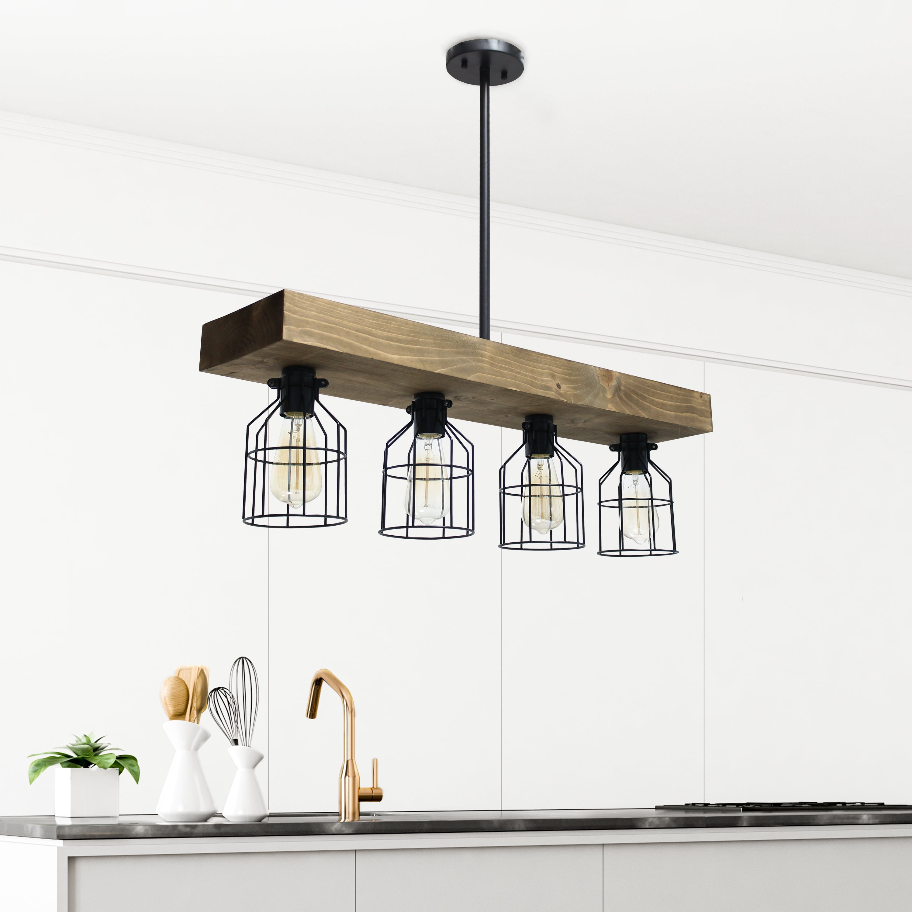 Lalia Home 32" Farmhouse 4-Light Beam Pendant, Restored Wood Brown