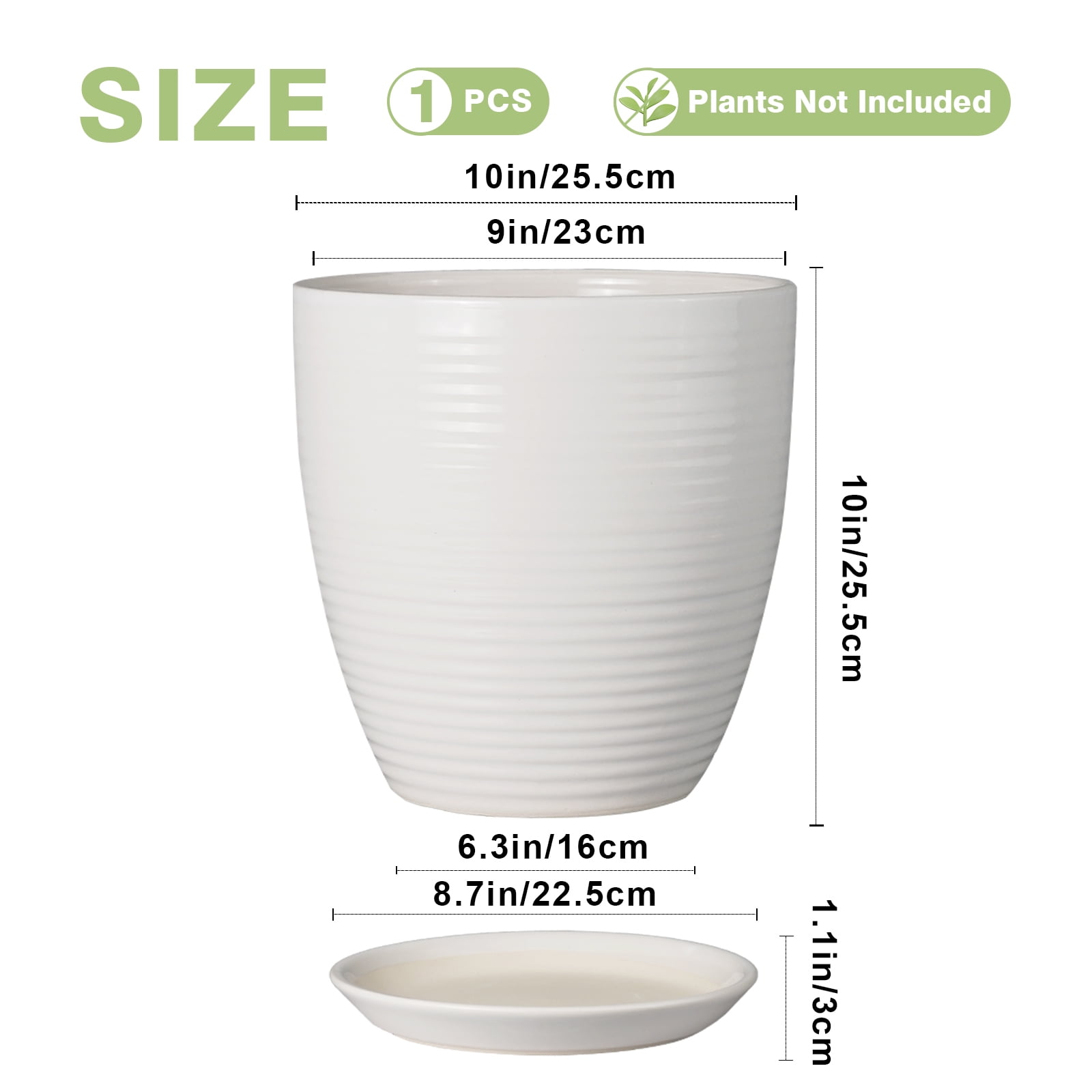 Ordivic 10 inch White Tall Ceramic Planter with Saucer & Drainage, Medium Flower Pot for Indoor Kitchen Herb & Windowsill, Neutral Decor Gift
