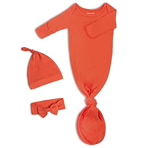 Baby Knotted Gown, Super Soft Silky Infant Long Sleeve Sleeper with Tie Bottom, Baby Girl and Boy Sleep Gown with Mittens, Bow, and Hat Set, Uni Plain Coming Home Outfit Light Orange