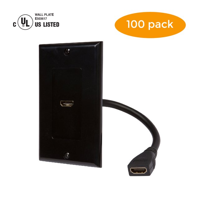 Buyer's Point HDMI Wall Plate with 6-Inch Pigtail Built-In Flexible Hi-Speed HDMI Cable with Ethernet, 2-Piece Decora, Single Outlet Port Insert, Perfect for Home Theater Systems Pack of 100 black