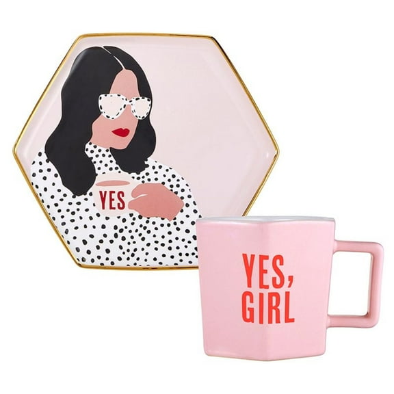 Set of 2 Warm and Vibrant "Yes, Girl" Kitchen Accessories and Gift Collections 6-Oz Hex Mug, 6"