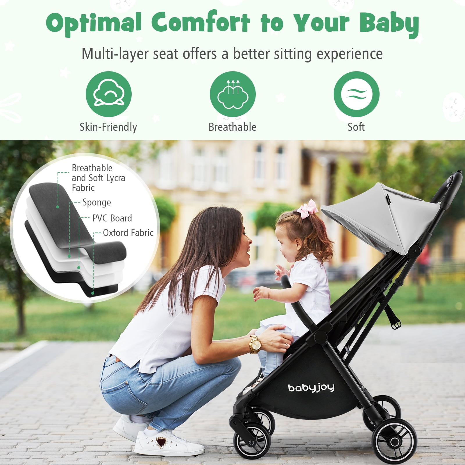 Infans Portable Baby Stroller One-Hand Fold Pushchair W/ Aluminum Frame Grey
