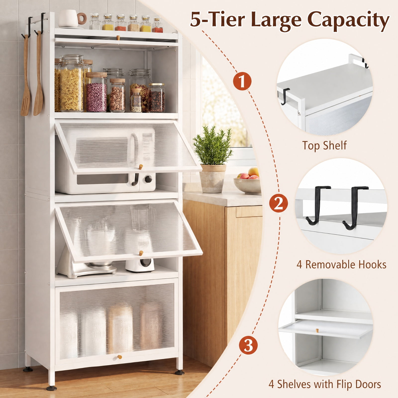 RUIE 5-Tier Kitchen Baker's Rack with Flip-up PC Doors, Rolling Storage Cabinet Pantry Organizer with Universal Wheels and Removable Hooks, White