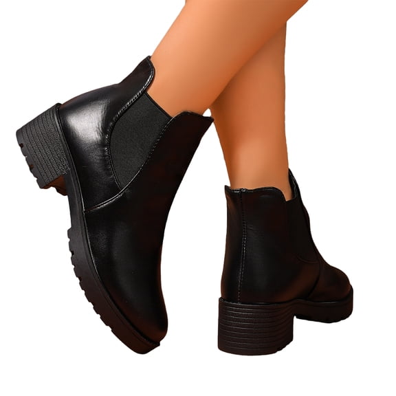 EKVAHL Women's Chelsea Ankle Boots, Non‑Slip Faux Leather Low Heel Booties, Round Toe Solid Work Casual Boots Black