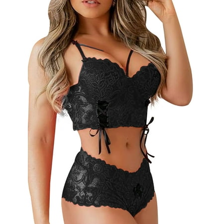

YAGHYAGH Womens Lace Bustier Push Up Cami Bra Briefs Panties Babydoll Lingerie Set