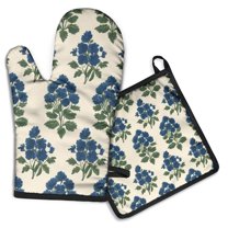 Blue Floral Pattern Kitchen Oven Mitt and Pot Holder Sets 2 Pcs for Baking, Cooking and Grilling, Heat Resistant Up To 392 °F