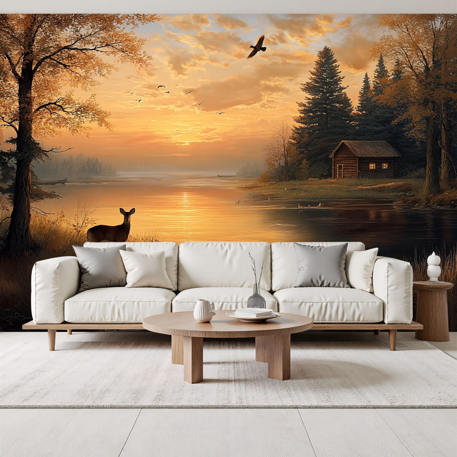 Wallpaper Animal Deer Vintage Wildlife Rustic Duck Cabin Sunset Peel and Stick Wall Murals 69"H x 96"W Removable PVC Wall Paper Self-Adhesive Wall Paintings Art Decor for Bedroom Living Room