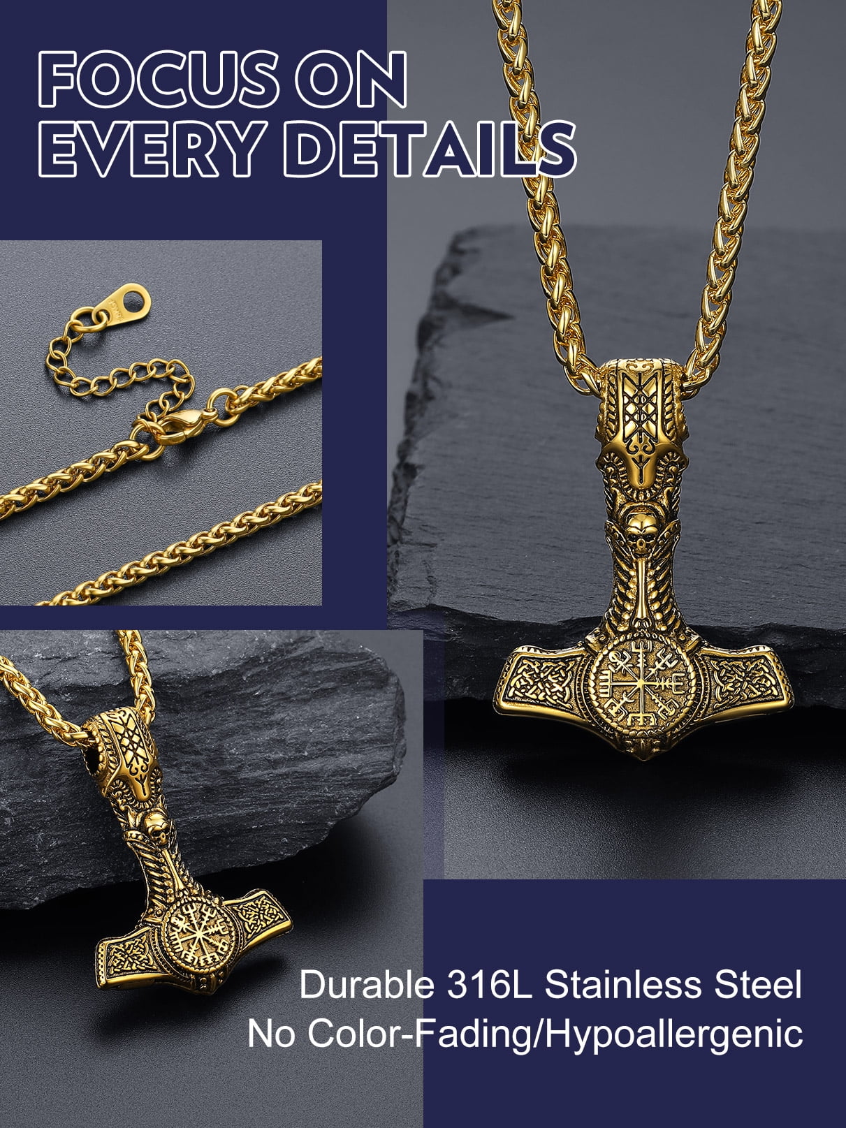 Bandmax Mens Black Thor Hammer Pendant with Compass Design Necklace 14K Gold Plated Mjolnir Thors Viking Nordic Pendant Chain for Men Gift
