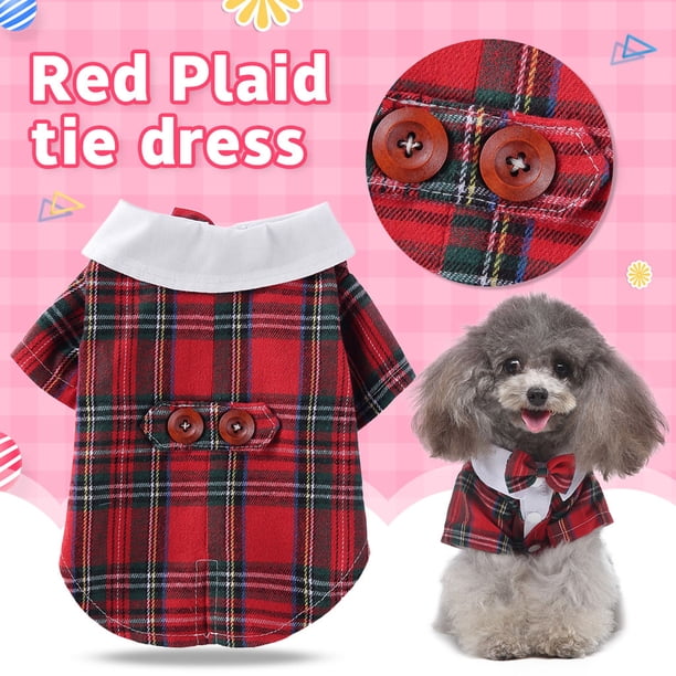 XWSHYW Suministros para Mascotas para Perros Ropa para Mascotas, Traje para Perros, Nuevo Producto, Ropa para Perros, Vestido Rojo Doble con Pajarita a Cuadros
