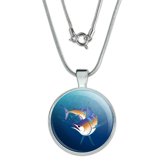 Blue Marlin Swimming in Ocean 1" Pendant with Sterling Silver Plated Chain