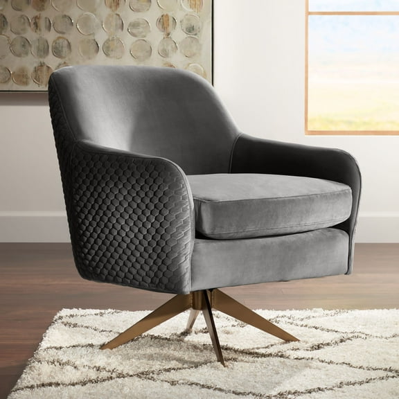 Studio 55D Ames Quilted Gray Velvet Swivel Chair