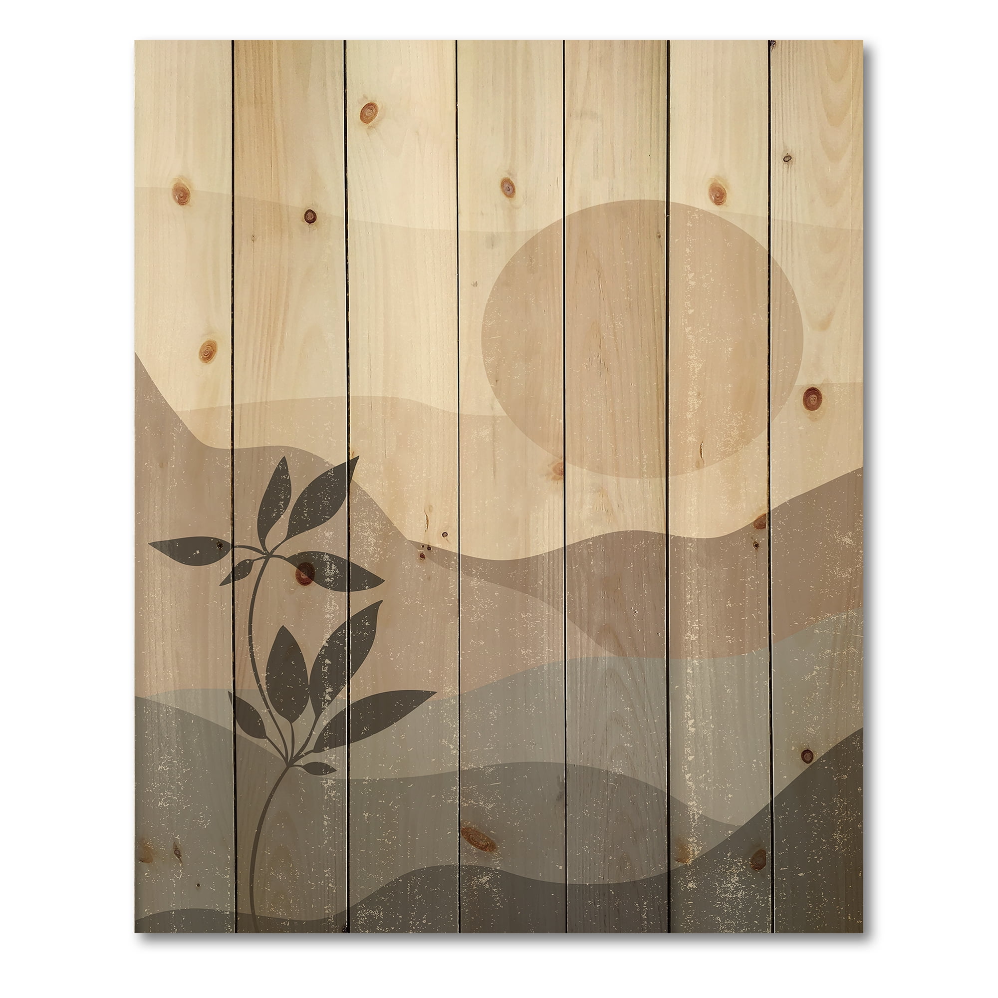 Designart 'Minimalist Sunset Over Mountain Landscape' Modern Print on Natural Pine Wood
