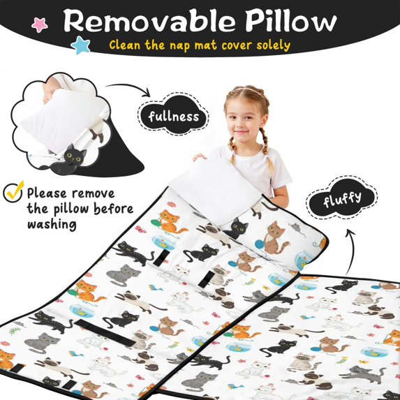 Cat and Fishbowl White Pattern Teens Toddler Nap Mat with Pillow, Sleeping Mat Bag for Preschool Daycare 59"x22"