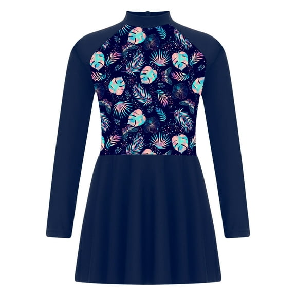 iEFiEL Kids Girls UPF 50  Long Sleeve Swim Cover Ups Swimming Dress Top Rash Guard Swimsuit Beachwear Navy Blue 8