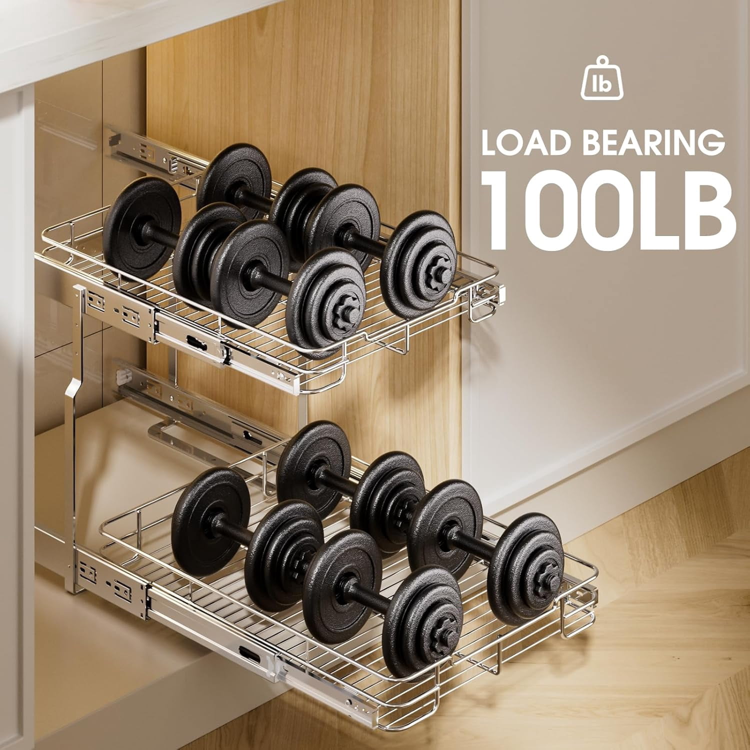 ORDORA 2 Tier Pull Out Cabinet Organizer, Heavy Duty Shelves for Kitchen Bathroom, Slide Out Chrome Steel Shelf Organizer