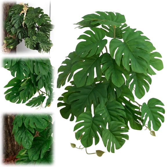 Artificial Monstera Plant For Terrarium with 2 Strong Suction Cups Realistic Hanging Reptile Plants Safe Decor for Bearded Dragon Gecko Habitat Enrichment