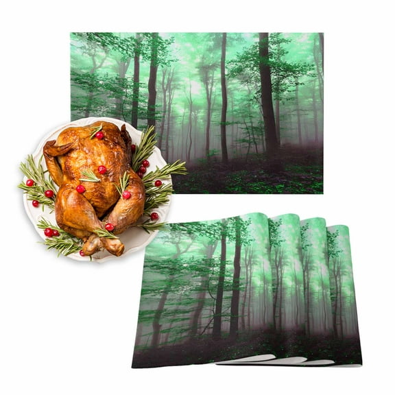 Fall Placemats Set of 6 Green Foggy Forest Place Mats Thanksgiving Placemat Misty Forest Trees Nature Table Mats for Dining Kitchen Table Holiday Dinner Party Home Fall Decorations 13x19 Inch