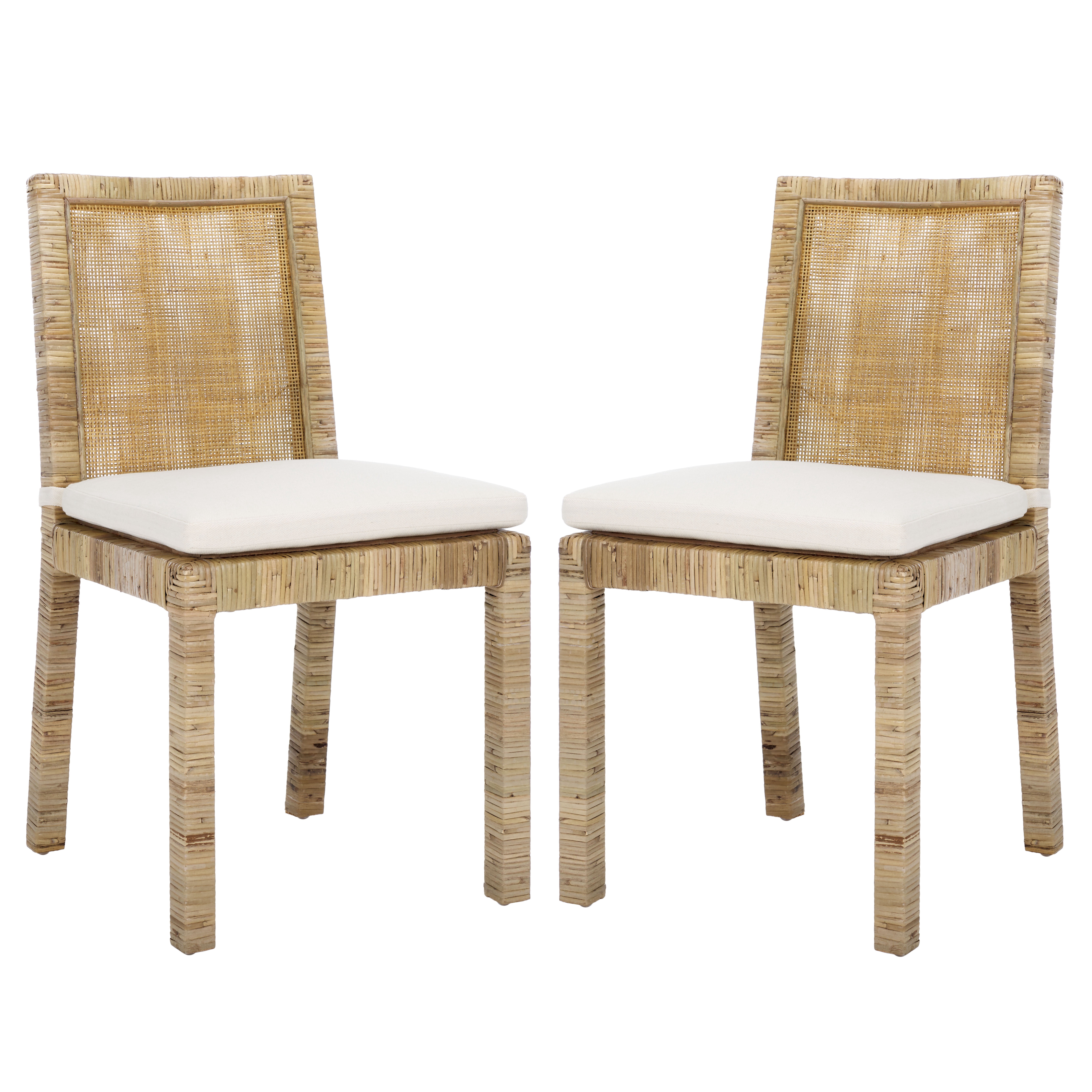 Safavieh Tojo Cane Coastal Rattan and Wood Dining Side Chairs, White/ Gray (Set of 2)