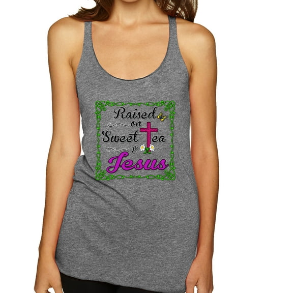 Wild Bobby, Raised On Sweet Tea & Jesus, Inspirational Christian, Women Tri-Blend Racerback Tank Top, Premium Heather, Large