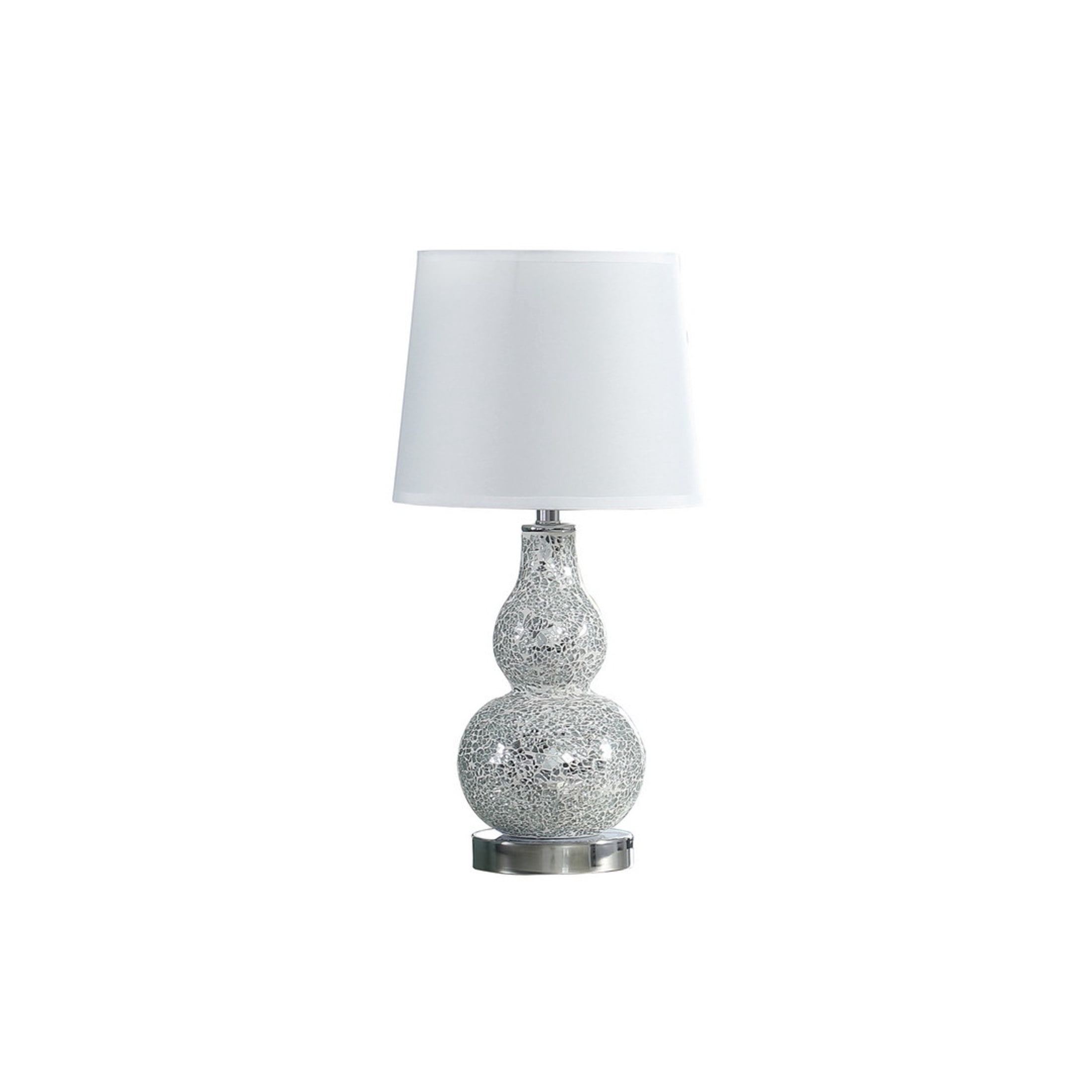 Noble House 19.5" Mirror Mosaic Table Lamp, Chrome Polyresin Base with White Linen Shade, Space-saving Design, Silver