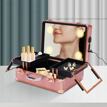 Miumaeov Makeup Train Case with LED Light Mirror Professional Artist Cosmetic Organizer Storage Box with Adjustable Dividers and Locks