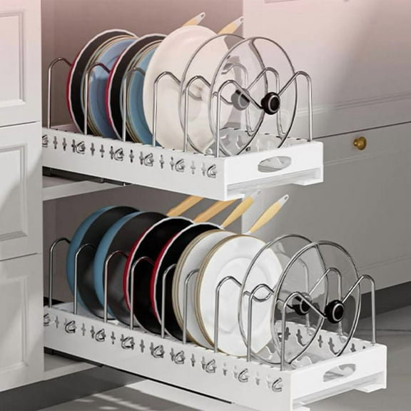 Pot and Pan Lid Organizer Rack - Pull-Out Cabinet Organizer for Pots, Pans, Lids - Adjustable Dividers, Draining Tray - Kitchen Storage & Organization
