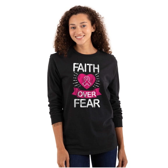 Faith Over Fear Breast Cancer Ribbon Women's Long Sleeve T Shirt Brisco Brands S