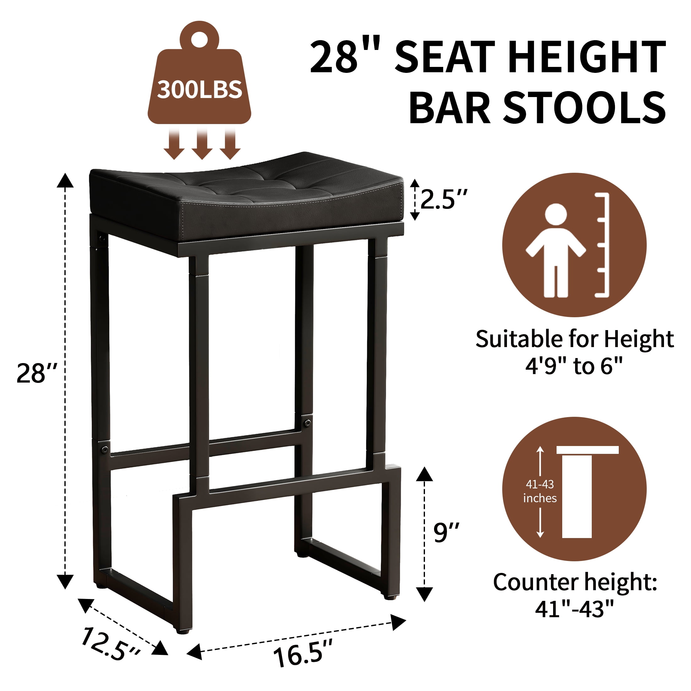 FIRAVOE Bar Stools Set of 3, Backless Counter Height Bar Stools (28") Modern Faux Leather Saddle Barstools for Kitchen Island, Black