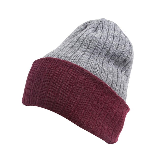 Top Headwear Cable Knit Long Winter Beanie - Grey/Burgundy