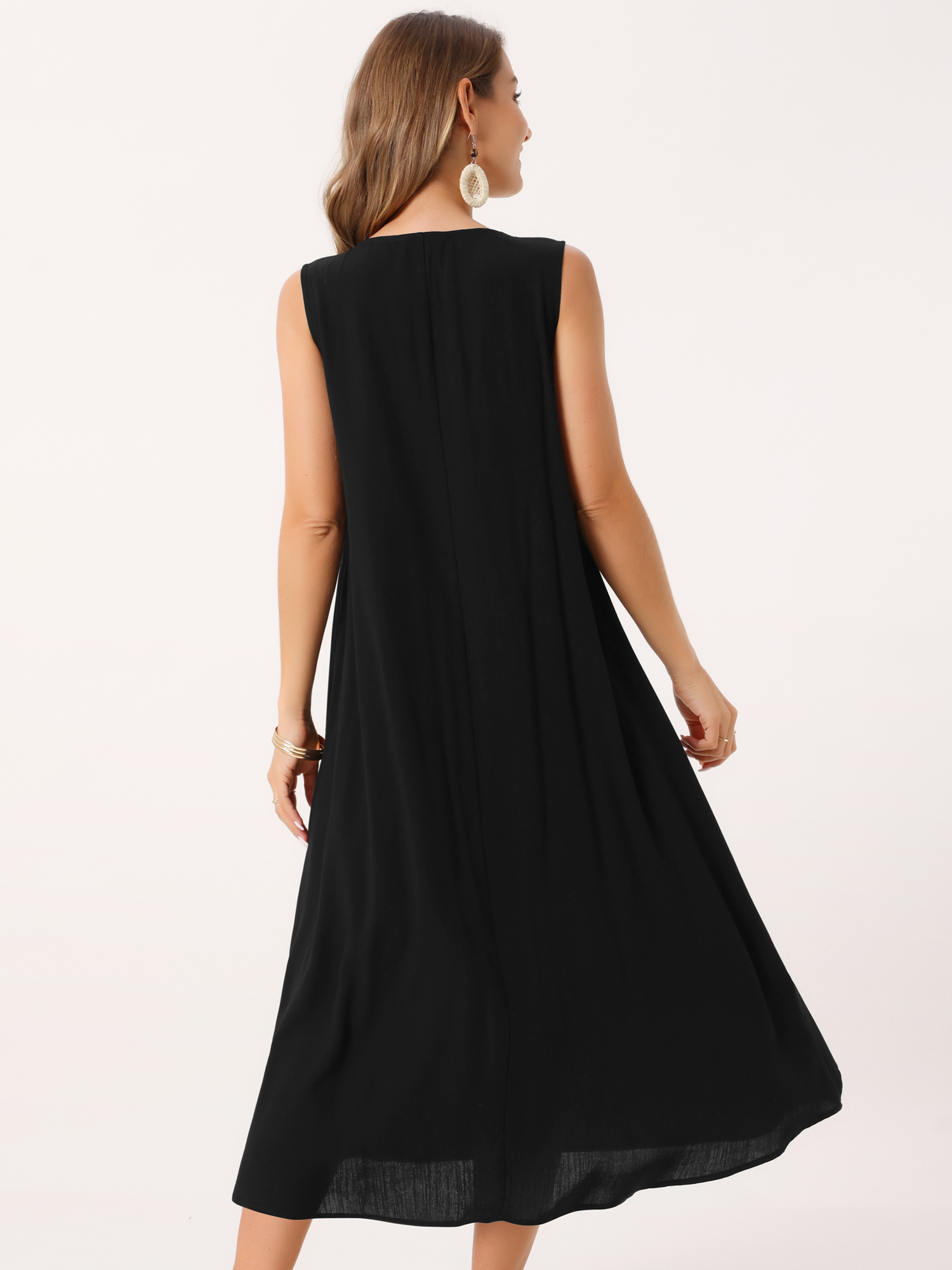 DARING DIVA Ruffle Sleeveless V Neck Pleated Flowy Maxi Dress M Black