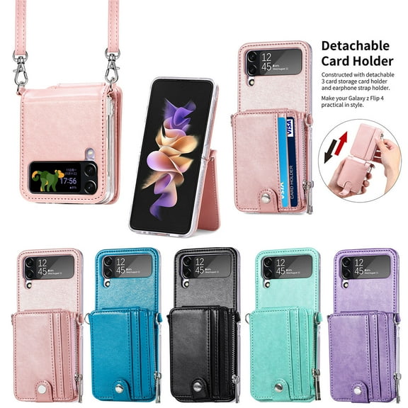 For Samsung Galaxy Z Flip4 Case With Shoulder Strap Shockproof Luxury Leather Card Slot Stand Phone Case Cover