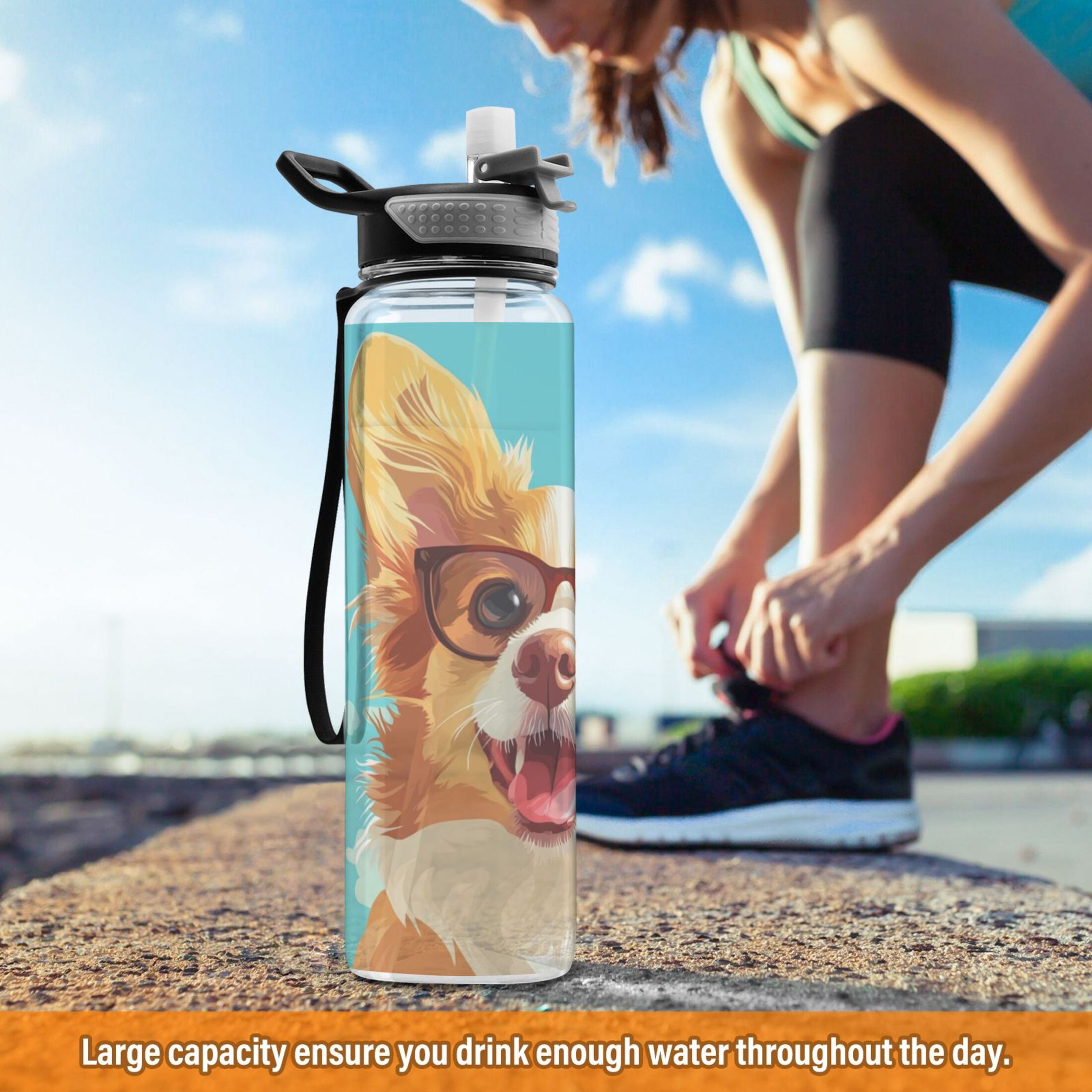 Sports Water Bottle 1000ML Tritan Food Grade Clear Water Bottle Fitness Outdoor Sports Bike Dog with Glasses