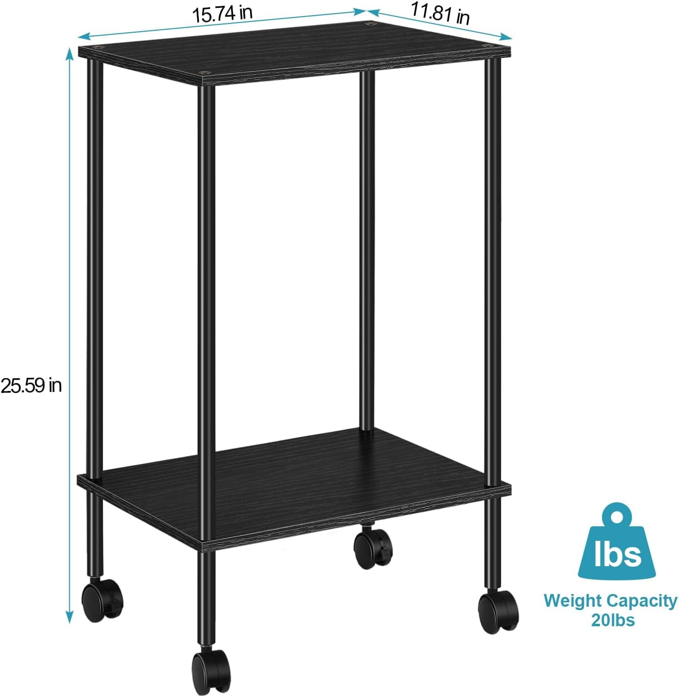 2-Tier Rolling Side End Table, Black Set of 2