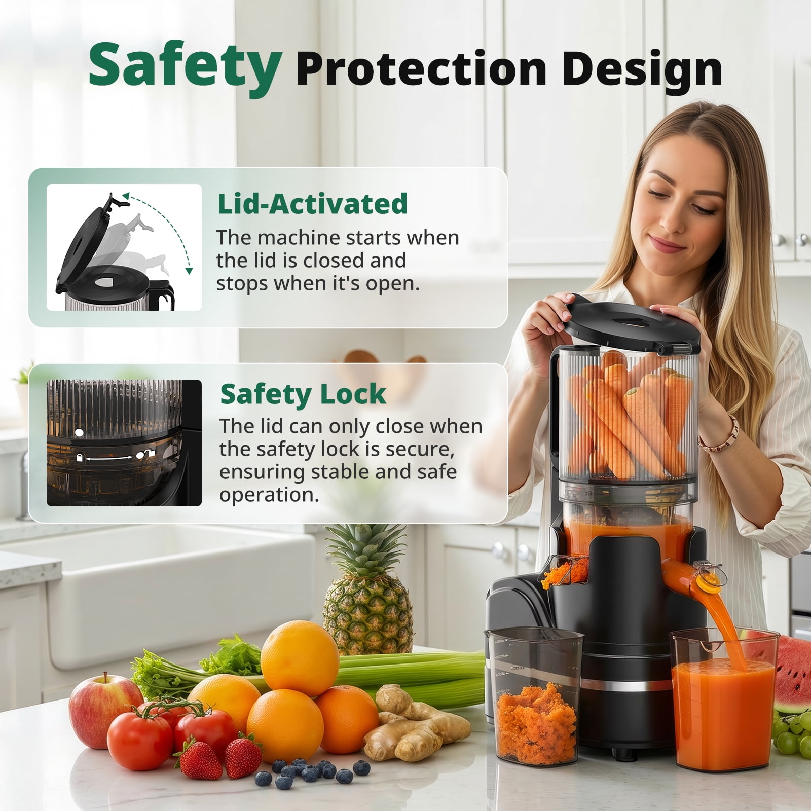 AIRMSEN Cold Press Juicer Machine with 6" Wide Feed Chute, 300W Slow Masticating Juicer, Easy-to-Clean Electric Juicer for Whole Fruits and Vegetables, BPA-Free, Black