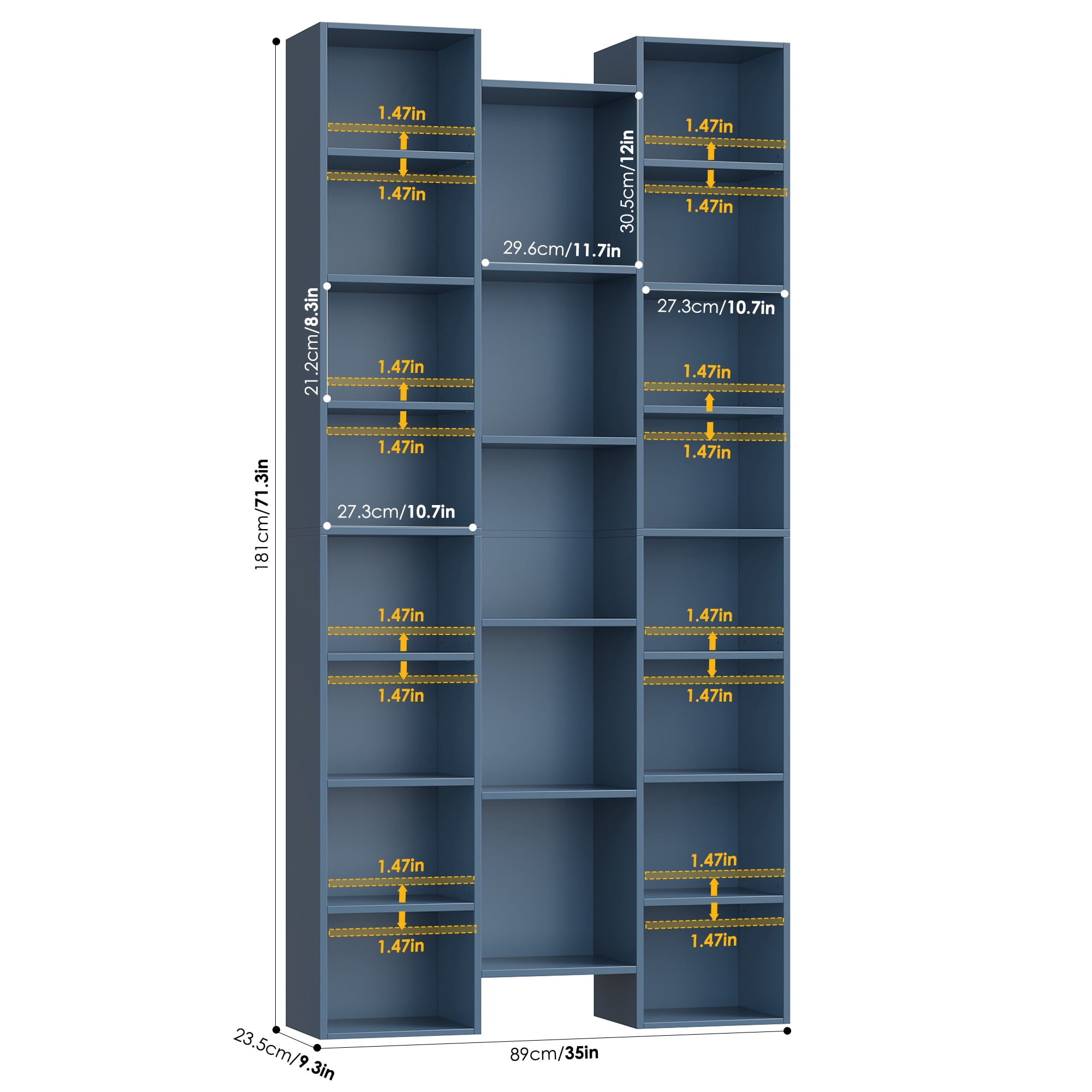 Homfa 2 Pieces Blue Bookshelves, 71’’ Tall Three Row Bookshelf with Adjustable Shelves, 21-Cubes CD Display Storage Organizer Shelf for Living Room Home Office