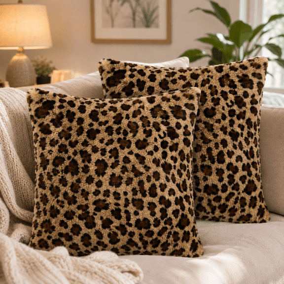 Throw Pillow Covers, Leopard Print Soft Polyester, Hidden Zipper, Set of 2, 17.7 x 17.7 in, for Couch and Bedroom Decor