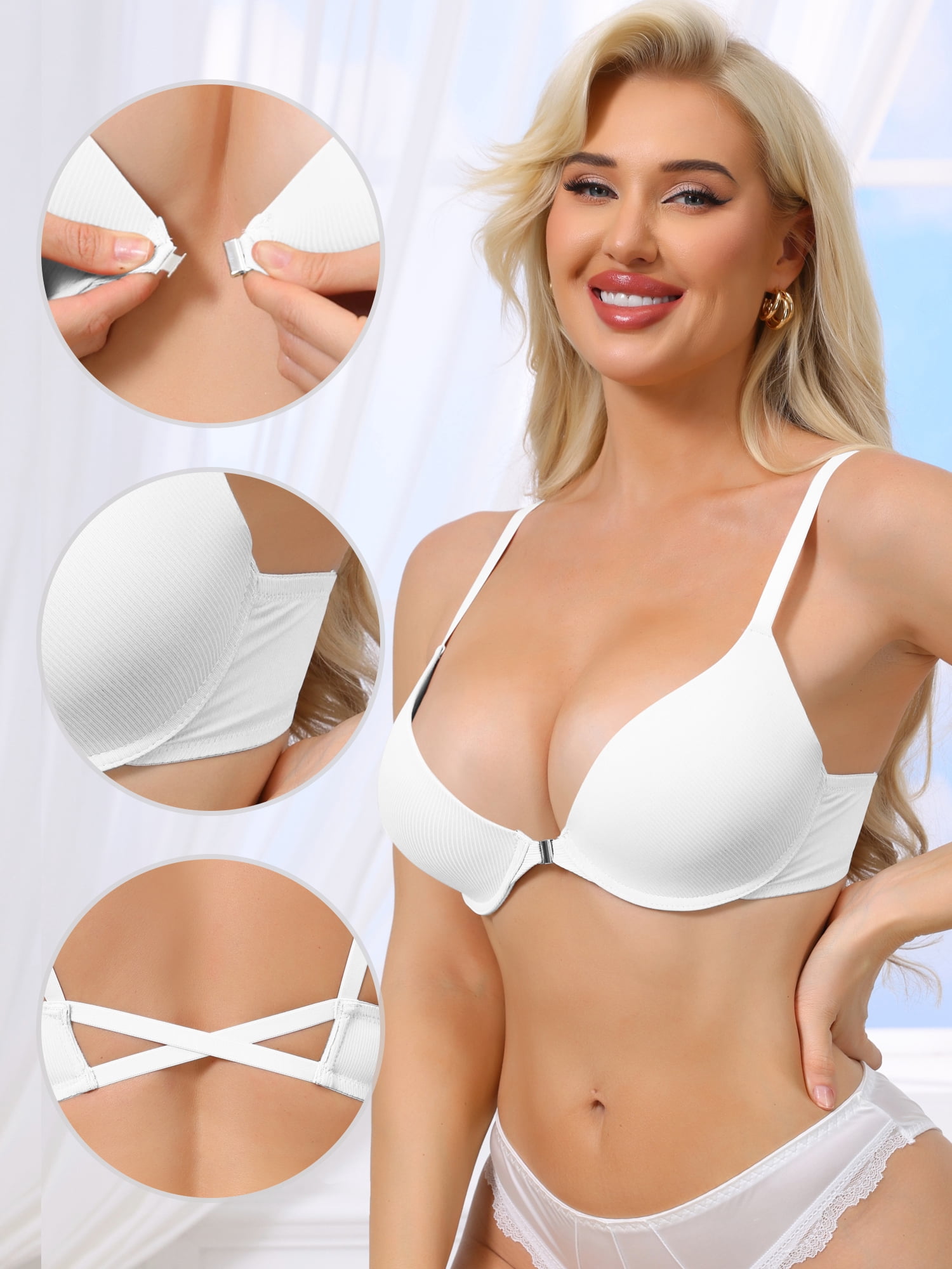 DARING DIVA Women's Push Up Adjustable Straps Bras with Front Closure C 36 White