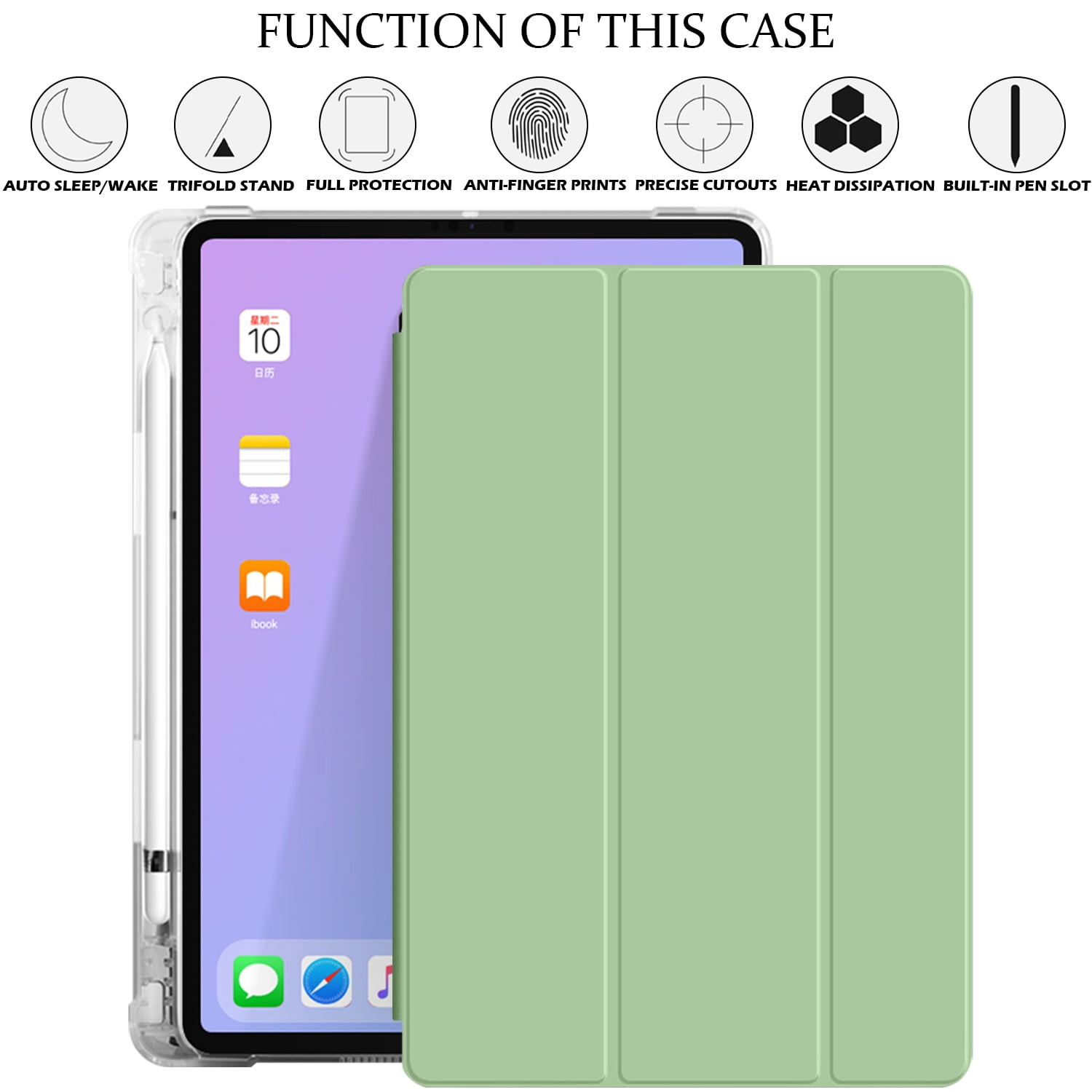 iPad 9th 2021 8th 2020 7th 2019 Generation [iPad 9 iPad 8 iPad 7 ] 10.2 Inch A2602 A2270 A2197 MK663LL/A MK673LL/A MYN62LL/A MW6Y2LL/A Clear Back TPU Silicone Back Printed Case Pencil Holder - Green